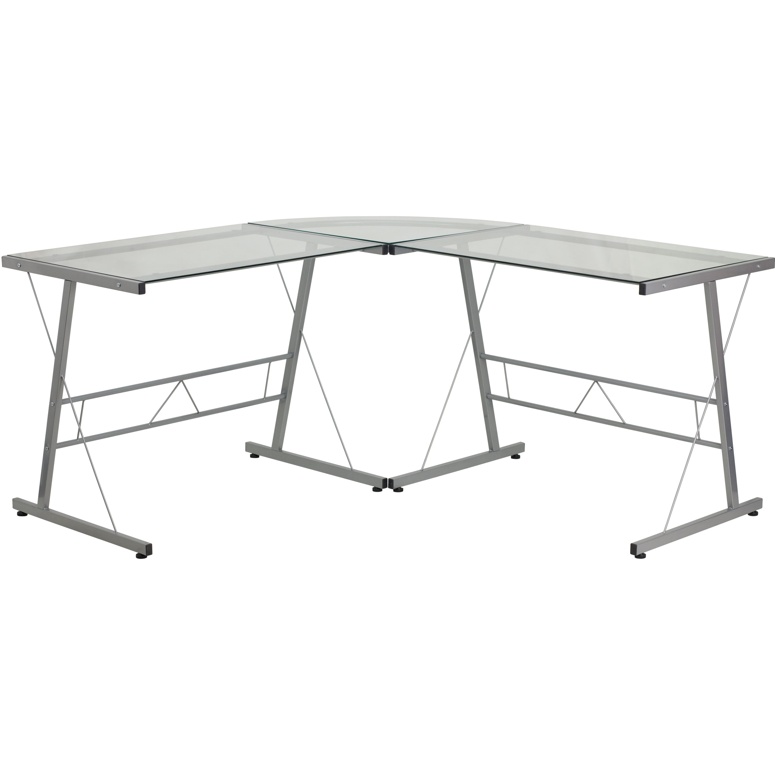 Sleek Silver Metal Frame L-Shaped Corner Desk with Clear Glass Top