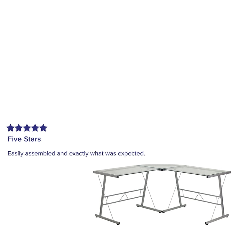 Sleek Silver Metal Frame L-Shaped Corner Desk with Clear Glass Top