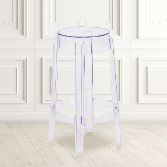 Flash Furniture Laney 25.75" Indoor/Outdoor Counter Height Dining Stool with Foot Ring, Transparent