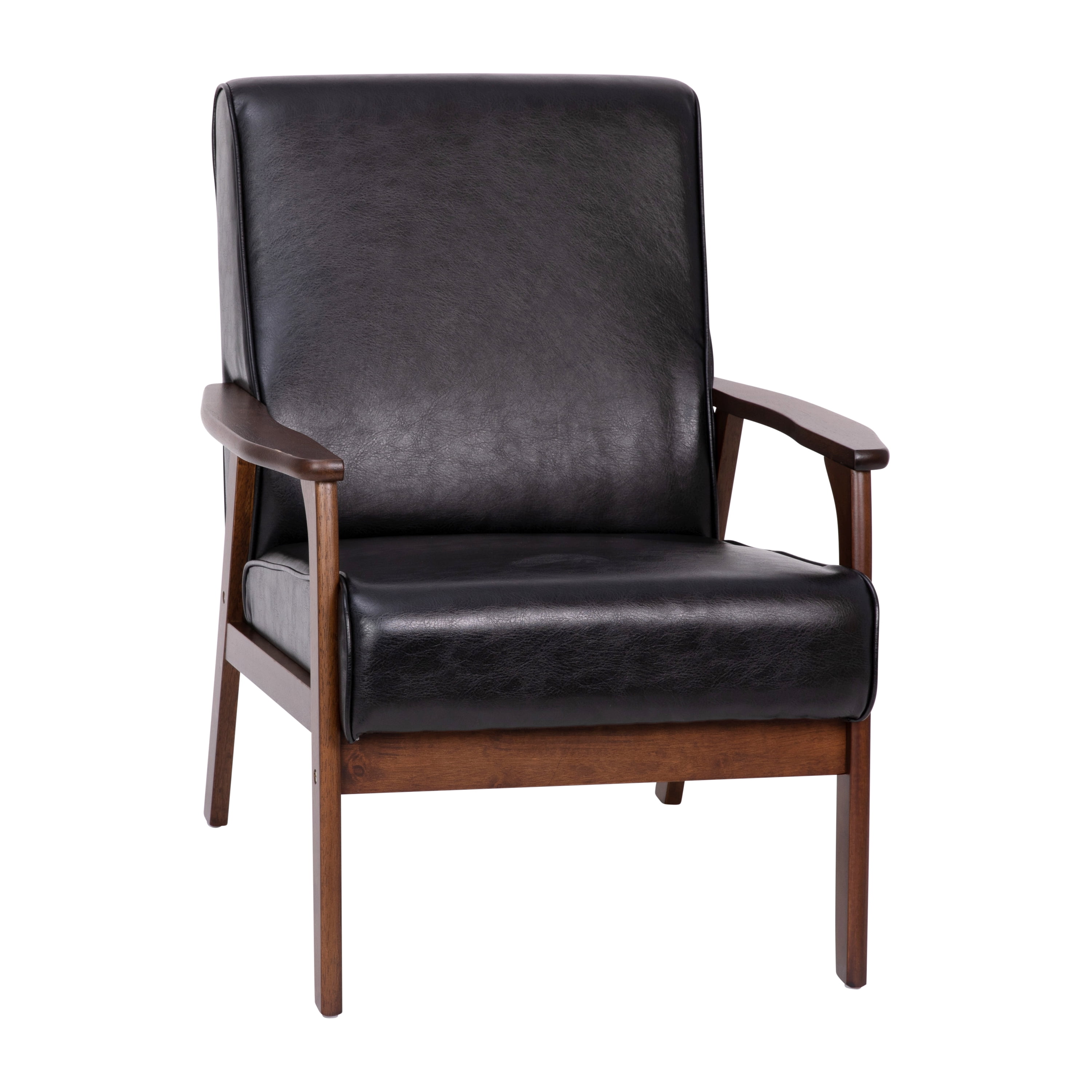 Mid-Century Modern Black Leather Accent Chair with Walnut Wood Frame