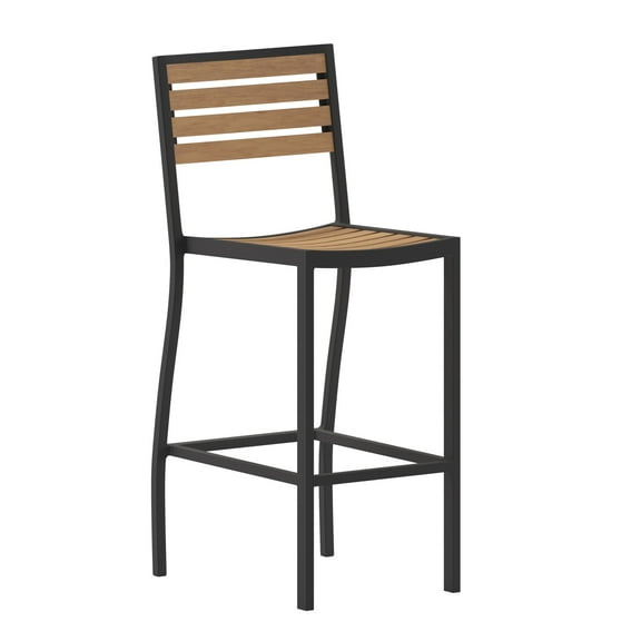 Flash Furniture Lark Commercial Grade Bar Height Stool, All-Weather Outdoor Bar Stool with Faux Wood Poly Resin Slats and Aluminum Frame, Teak