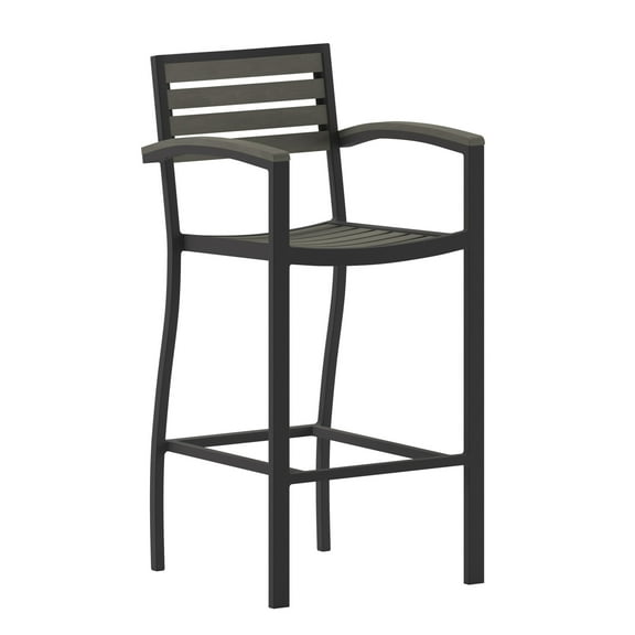Flash Furniture Lark Commercial Grade Bar Height Stool with Arms, All-Weather Outdoor Bar Stool with Faux Wood Poly Resin Slats and Aluminum Frame, Gray Wash