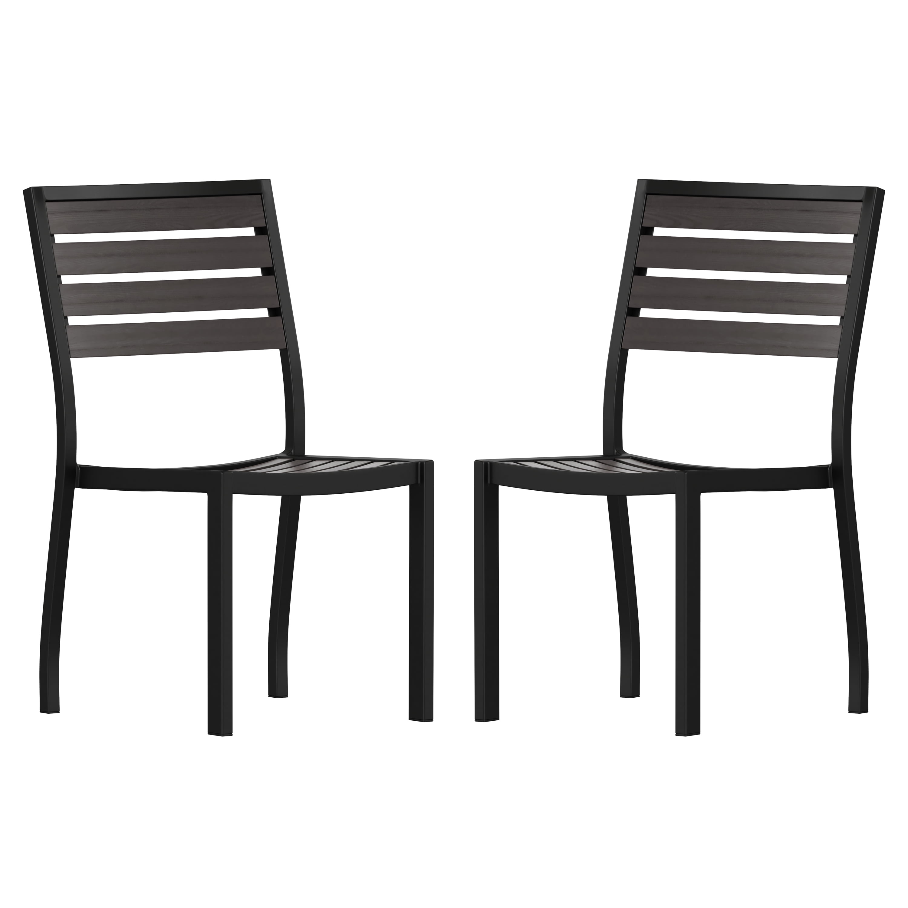 Gray Faux Teak and Aluminum Outdoor Patio Chairs, Set of 2