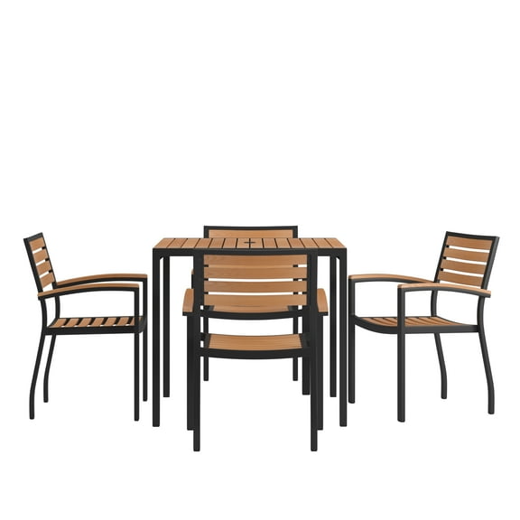 Flash Furniture Lark Series 5-Piece Metal/Aluminum Teak Patio Table and Chair Set, Teak