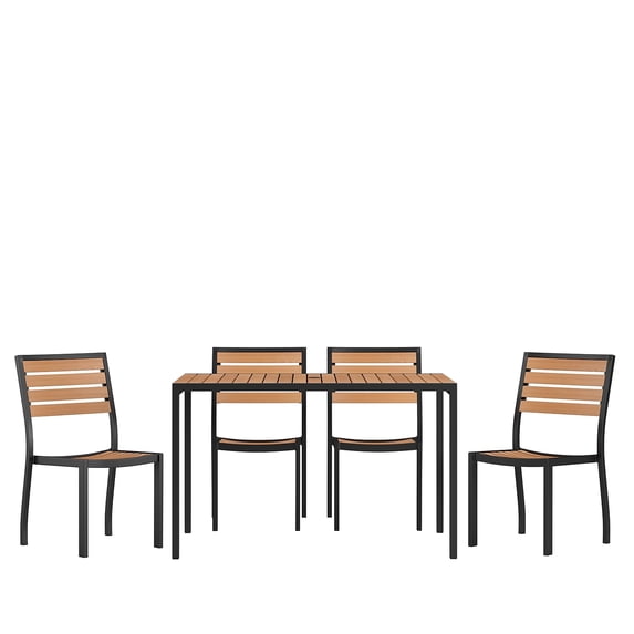 Flash Furniture Lark Series 5-Piece Metal Teak Patio Table and Chair Set, Teak