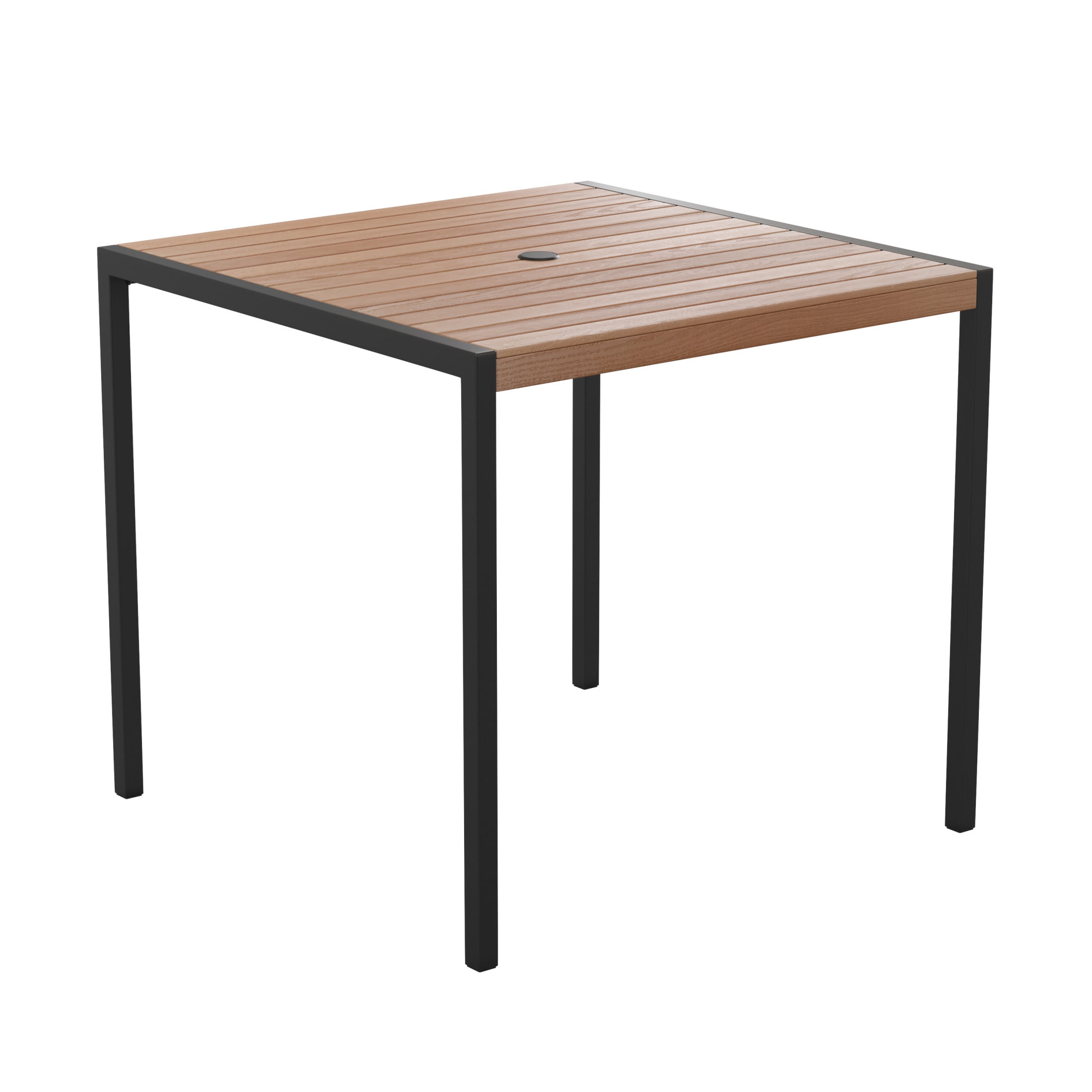 Square Black Steel Frame Dining Table with Faux Teak Top
