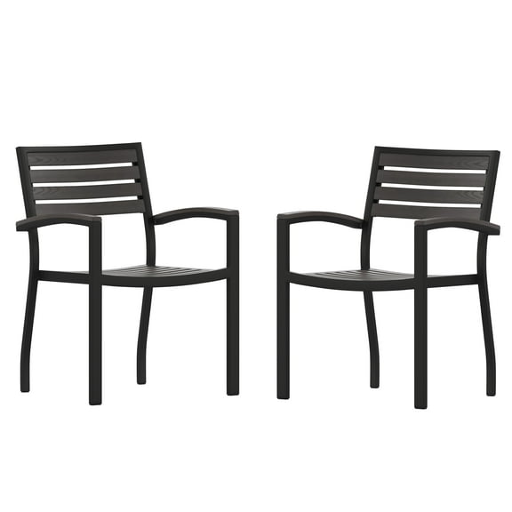 Flash Furniture Lark Set of 2 Outdoor Stackable Faux Teak Side Chairs - Commercial Grade Black Aluminum Patio Chairs with Synthetic Gray Wash Faux Teak Slats