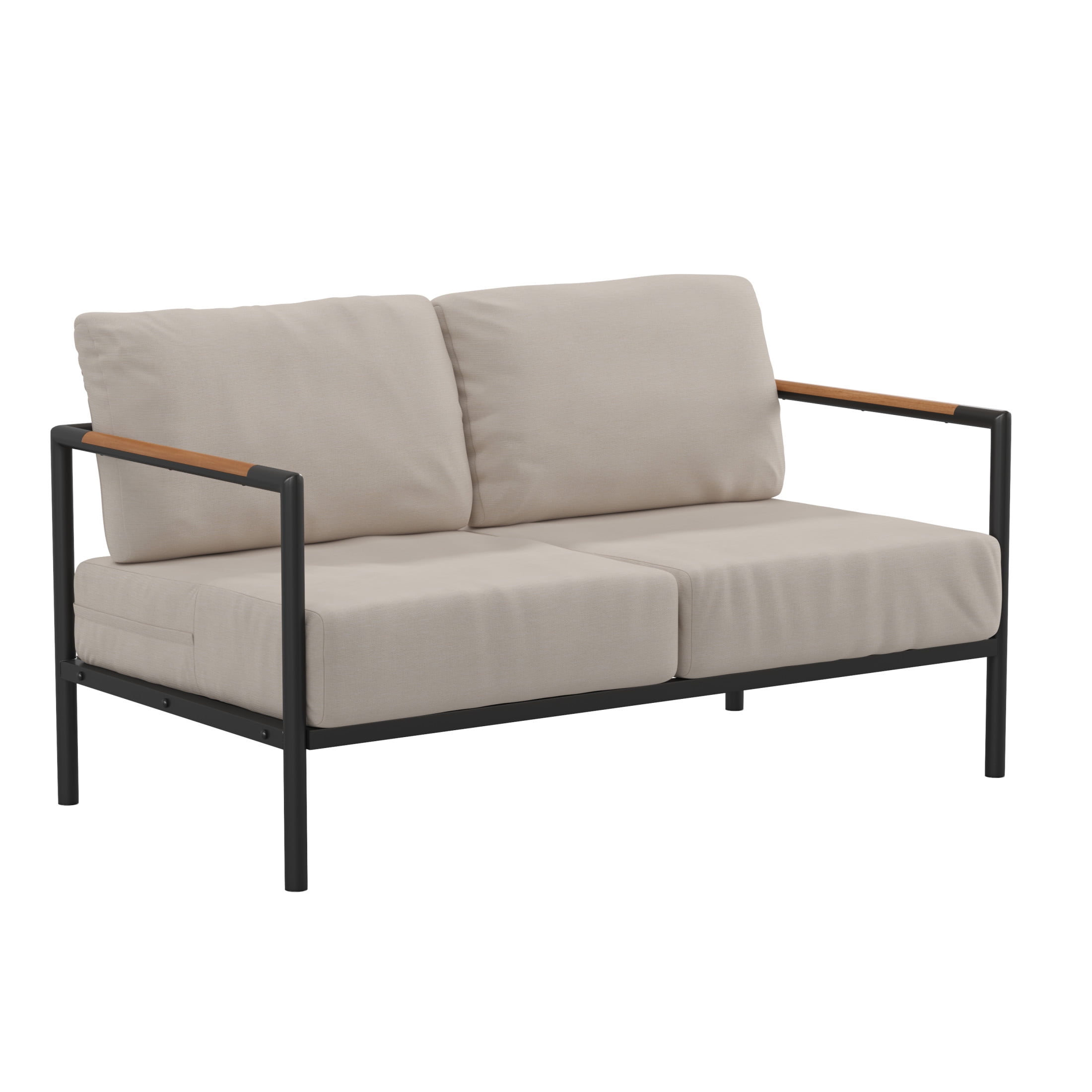 Modern Black Steel Frame Loveseat with Beige Cushions