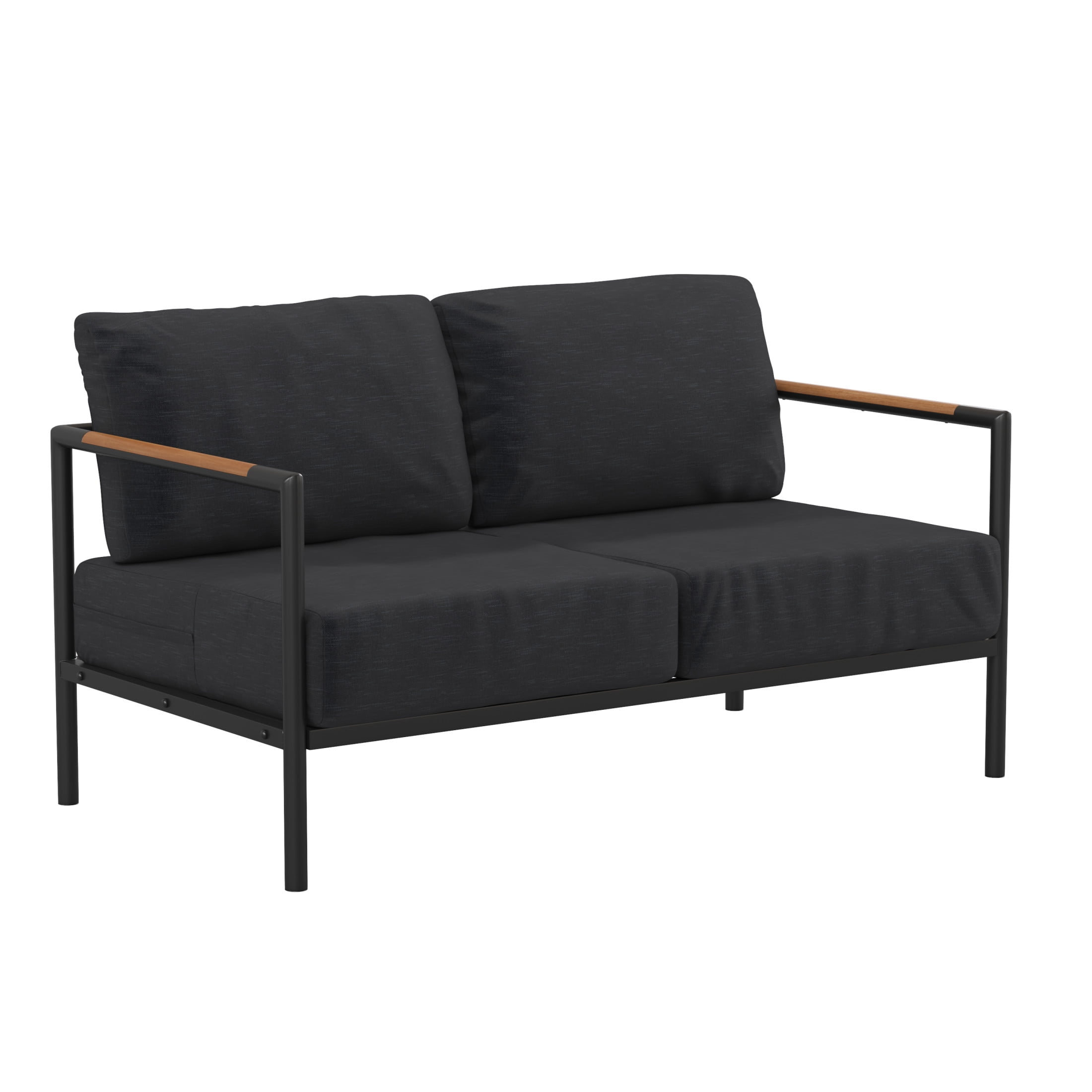 Modern Black Steel Frame Loveseat with Gray Cushions