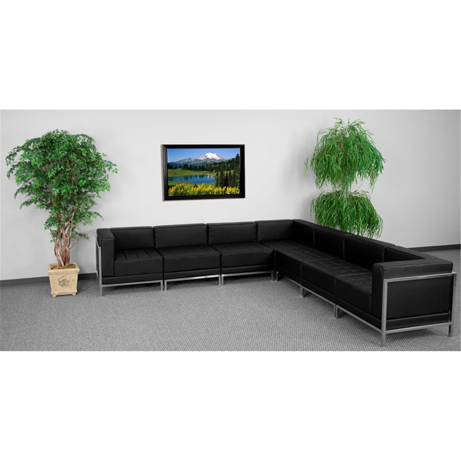 Black Tufted Leather Seven Piece Reception Sectional with Track Arm