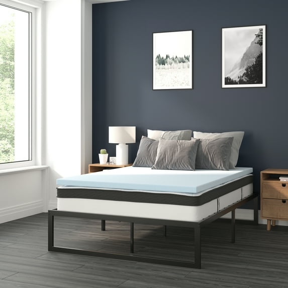 Flash Furniture Leo 14 Inch Metal Platform Bed Frame with 10 Inch Pocket Spring Mattress in a Box and 2 Inch Cool Gel Memory Foam Topper - Full