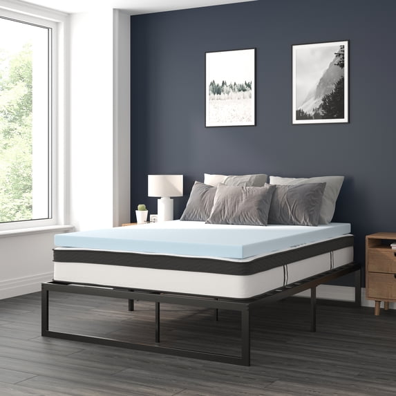 Flash Furniture Leo 14 Inch Metal Platform Bed Frame with 10 Inch Pocket Spring Mattress in a Box and 3 inch Cool Gel Memory Foam Topper - Queen