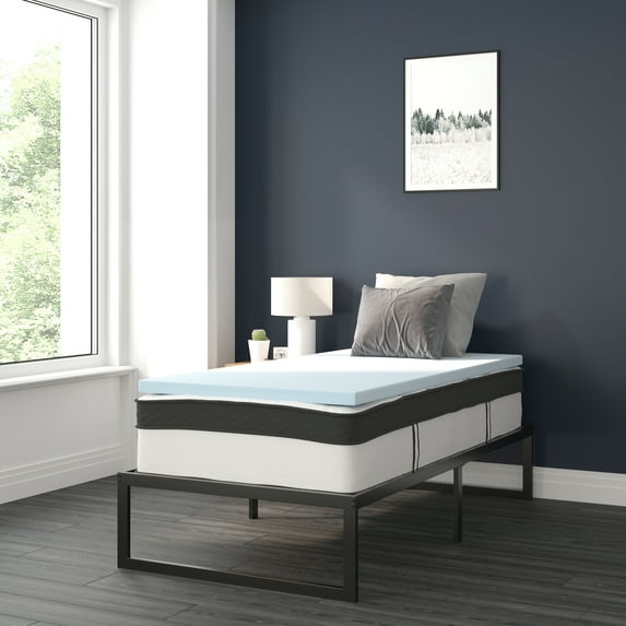 Flash Furniture Leo 14 Inch Metal Platform Bed Frame with 12 Inch Pocket Spring Mattress in a Box and 2 Inch Cool Gel Memory Foam Topper - Twin