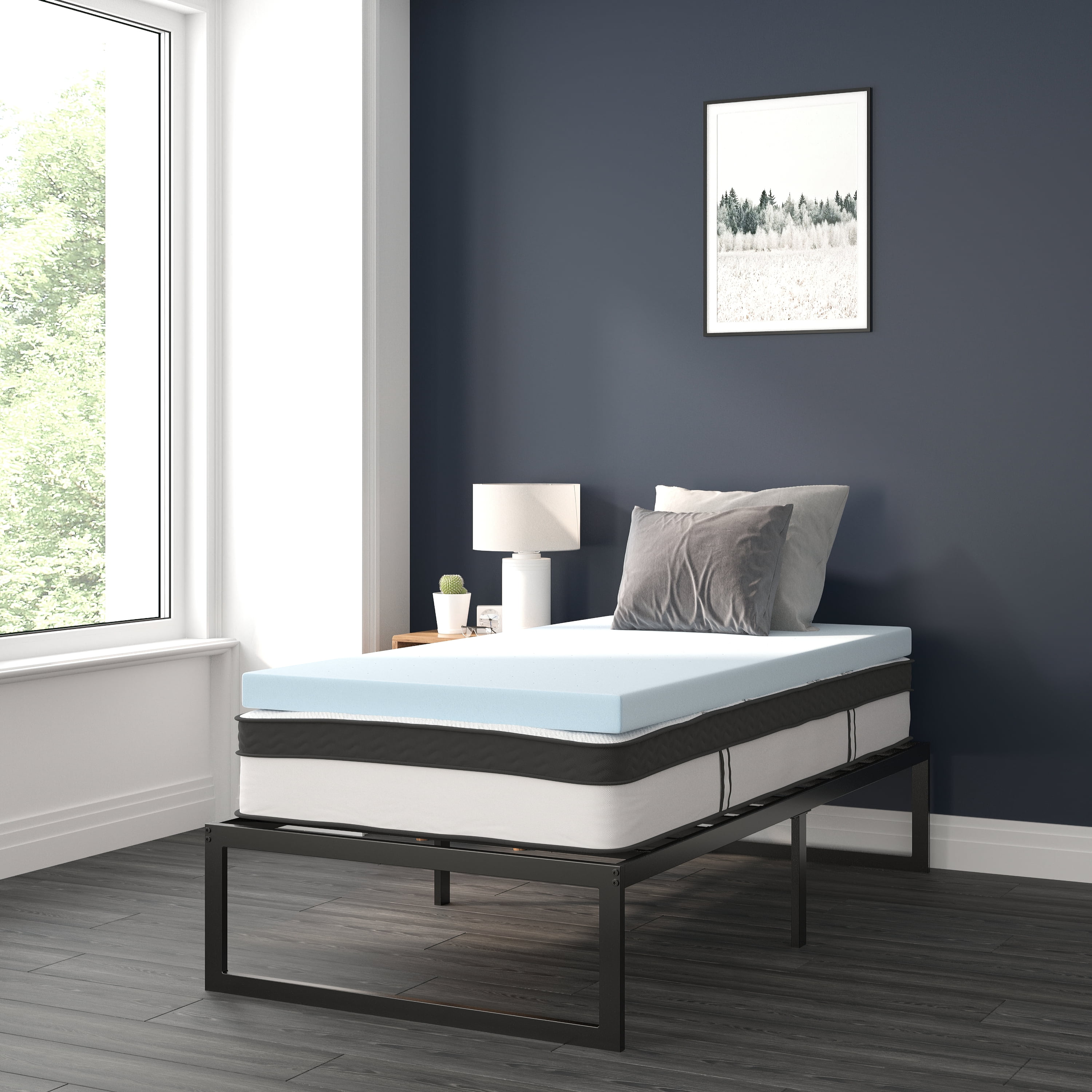 Twin Black Metal Platform Bed Frame with Memory Foam Mattress Topper