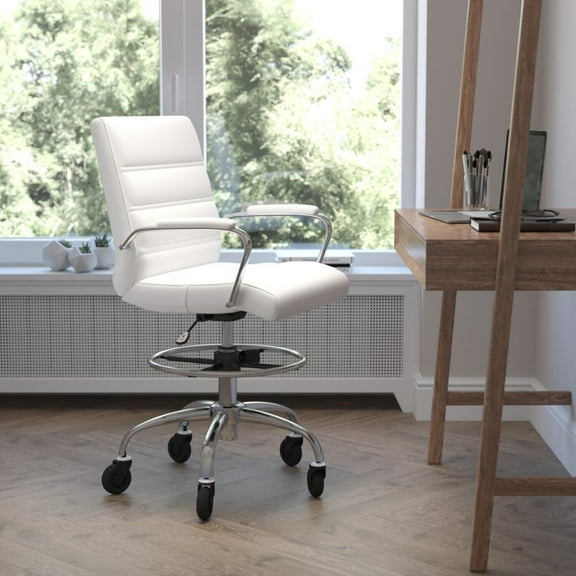 Mid-Back White Drafting Chair with Adjustable Foot Ring, Chrome Base,