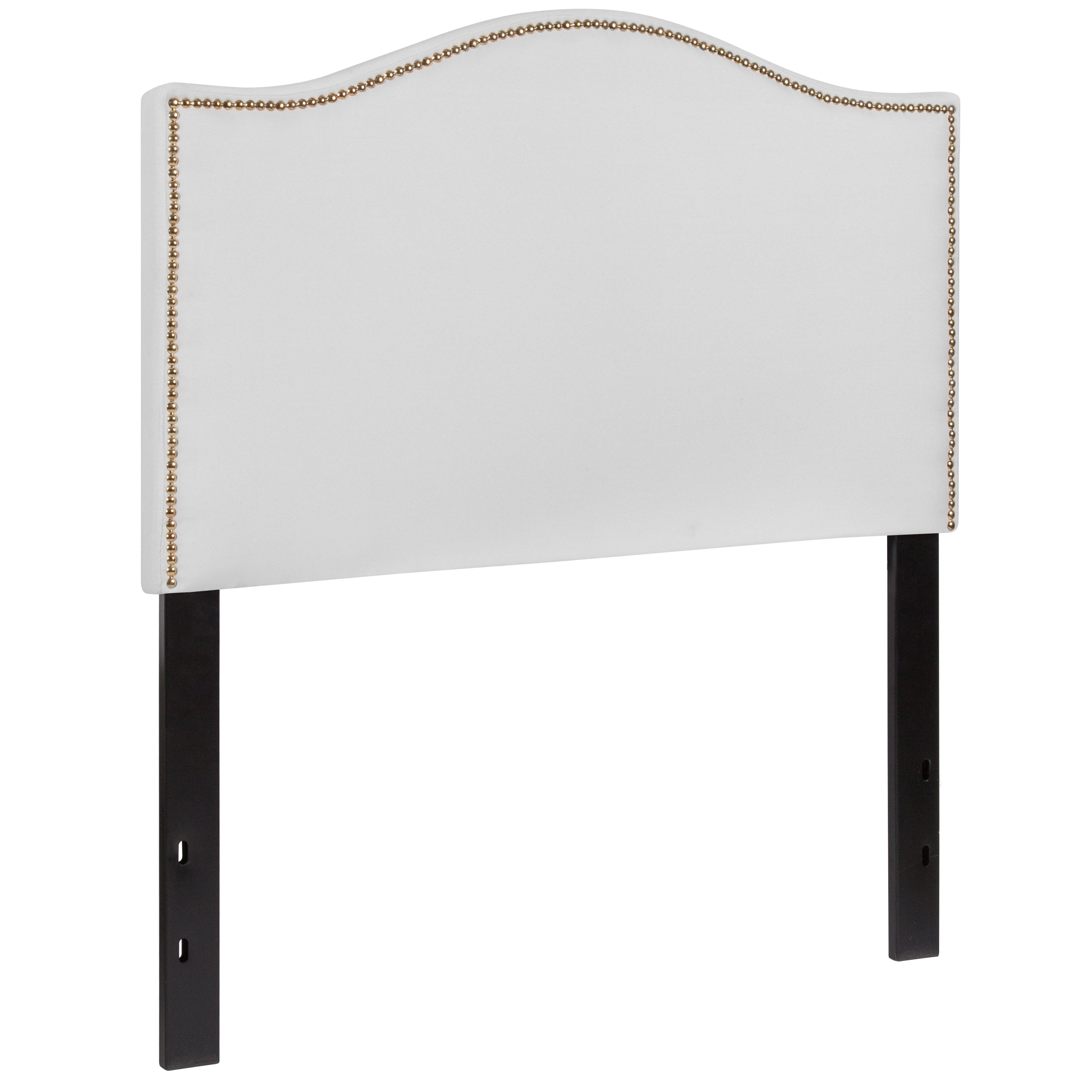 White Upholstered Twin Headboard with Brass Nail Trim