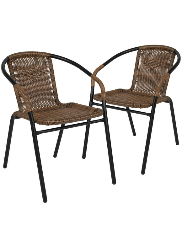 Flash Furniture Lila 2 Pack Medium Brown Rattan Indoor-Outdoor Restaurant Stack Chair