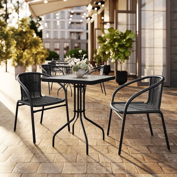 Flash Furniture 23.5'' Square Glass Metal Table with 2 Black Rattan Stack Chairs