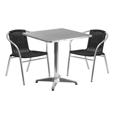 Lila 23.5'' Square Glass Metal Table with 2 Rattan Stack Chairs