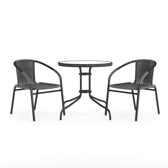 Flash Furniture Lila 28'' Round Glass Metal Table with Gray Rattan Edging and 2 Gray Rattan Stack Chairs