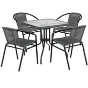 Flash Furniture Lila 28'' Square Glass Metal Table with Gray Rattan Edging and 4 Gray Rattan Stack Chairs