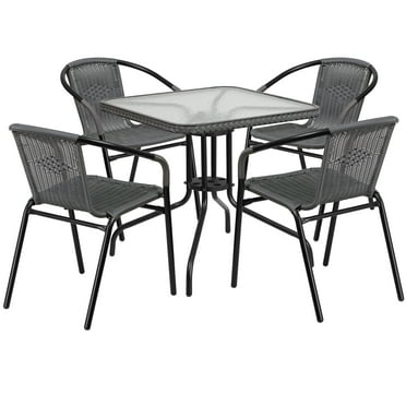 Flash Furniture Lila 28'' Square Glass Metal Table with Gray Rattan Edging and 4 Gray Rattan Stack Chairs