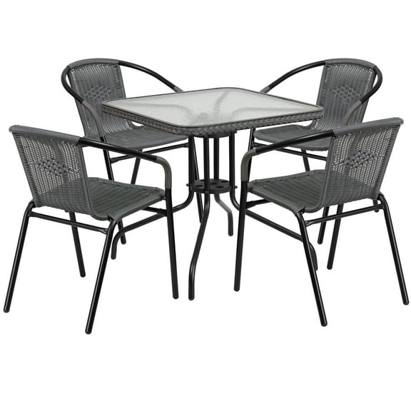 Flash Furniture Lila 28'' Square Glass Metal Table with Gray Rattan Edging and 4 Gray Rattan Stack Chairs