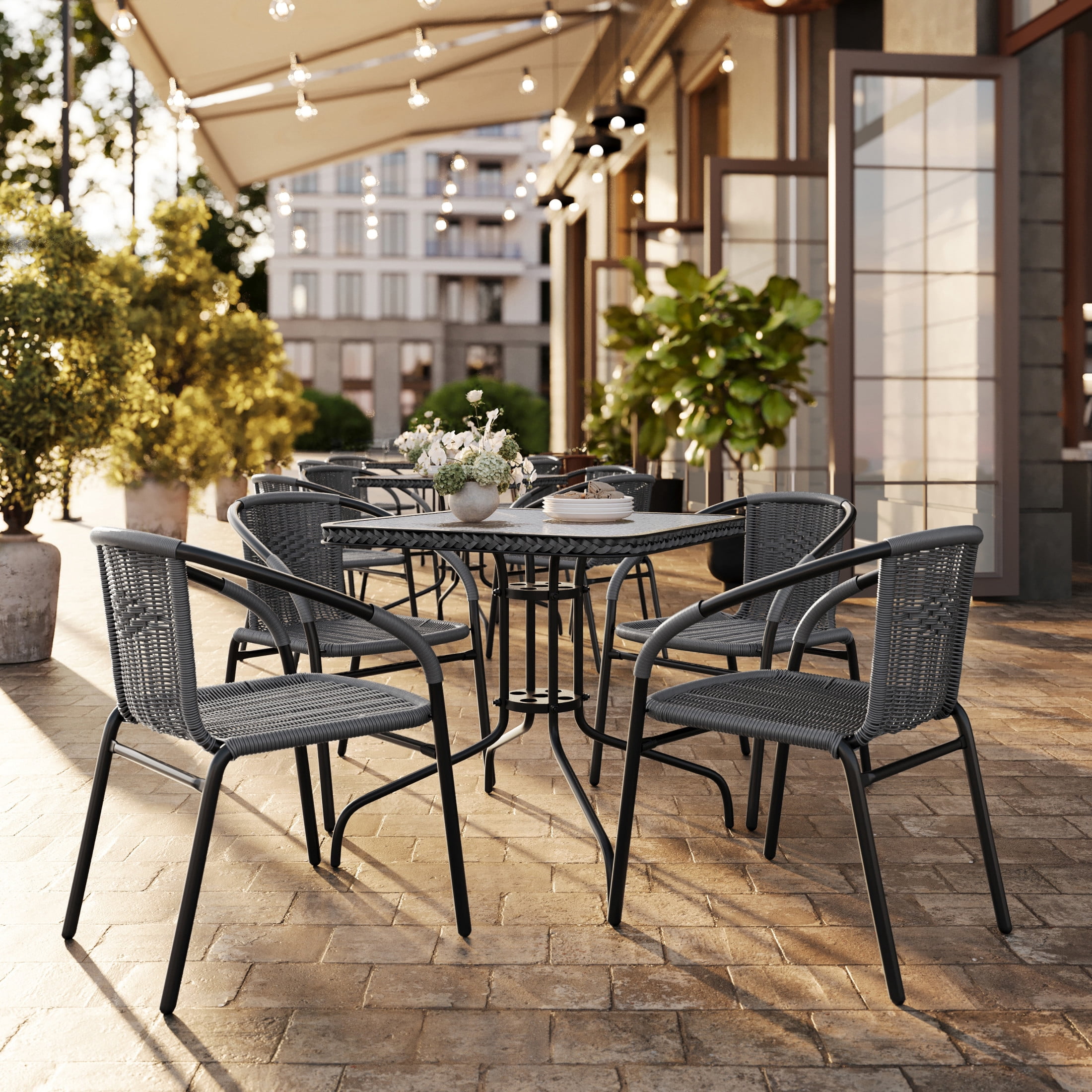 Flash Furniture 28'' Square Glass Metal Table with Gray Rattan Edging and 4 Gray Rattan Stack Chairs