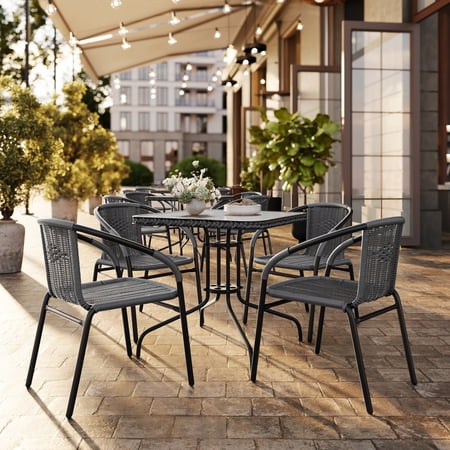 Flash Furniture Lila 28'' Square Glass Metal Table with Gray Rattan Edging and 4 Gray Rattan Stack Chairs