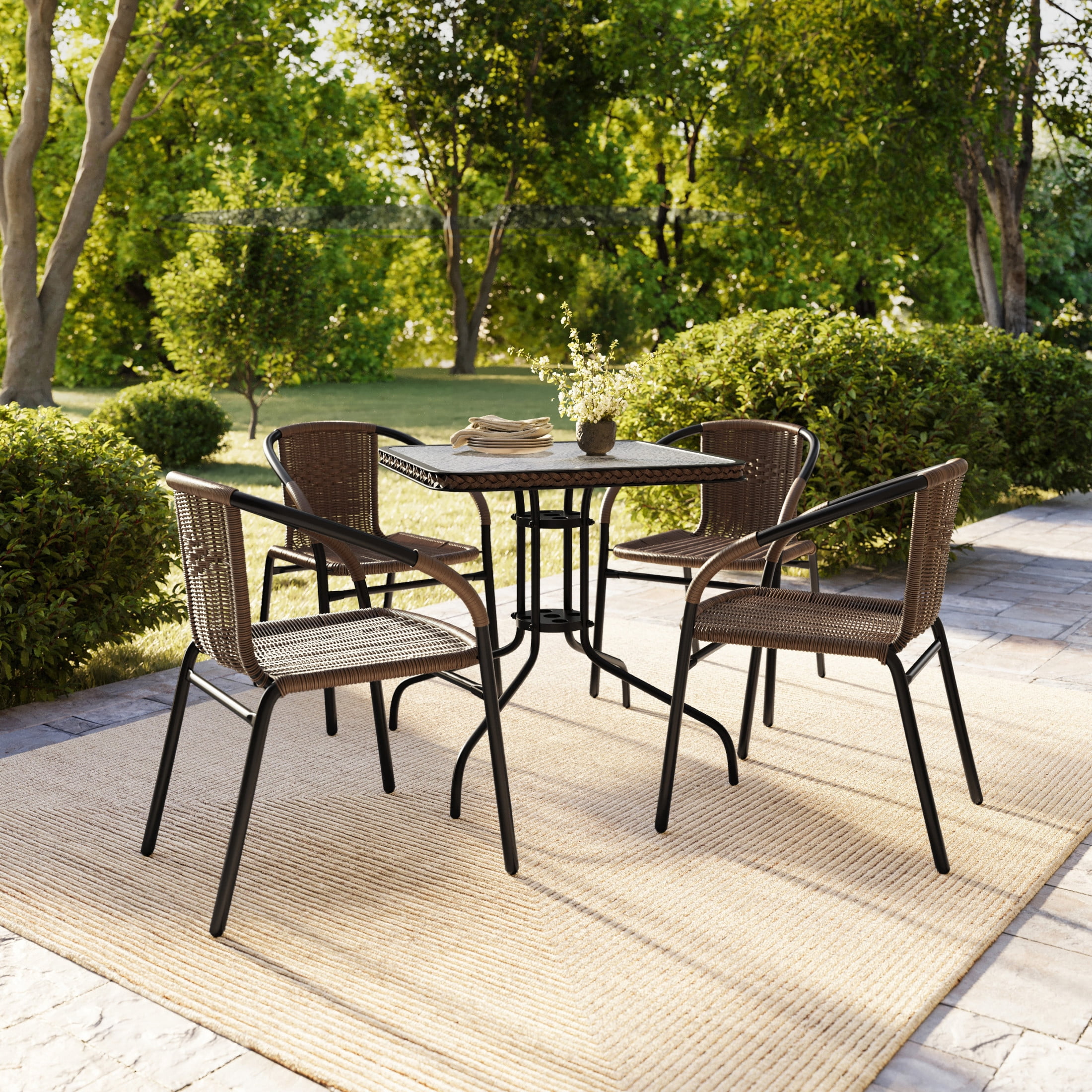 Flash Furniture Set of 4 Commercial Grade Medium Brown Rattan Indoor-Outdoor Restaurant Stack Chairs