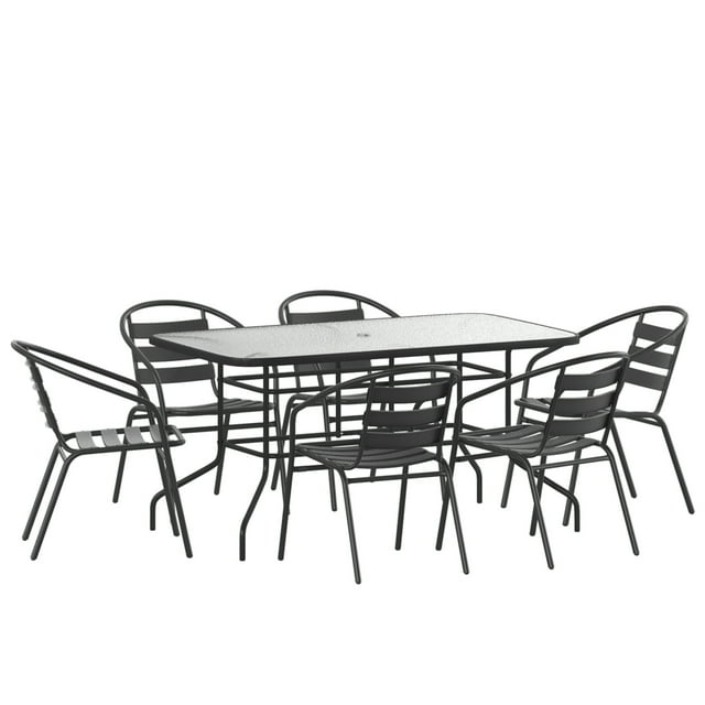 Flash Furniture Lila 7-Piece Glass Rectangular Patio Table and Slat Back Chairs Set, Black