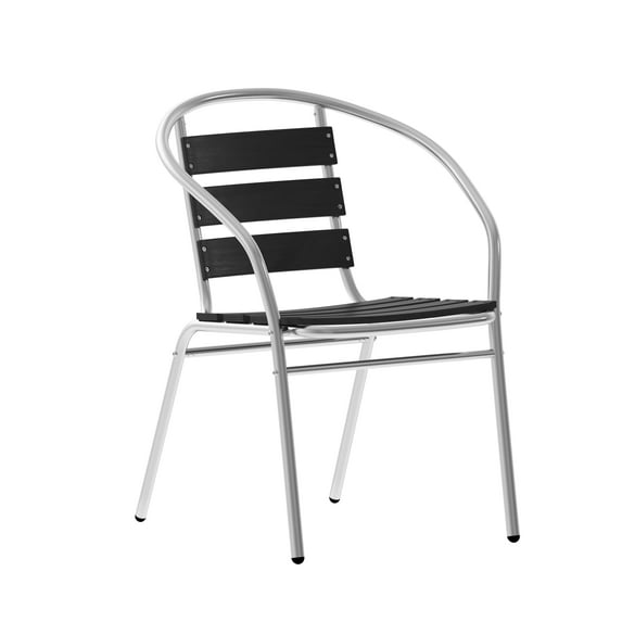 Flash Furniture Lila Commercial Metal Indoor-Outdoor Restaurant Stack Chair with Triple Slat Black Faux Teak Back