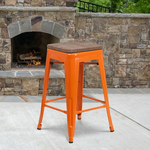 Flash Furniture Lily 24" High Backless Orange Metal Counter Height Stool with Square Wood Seat