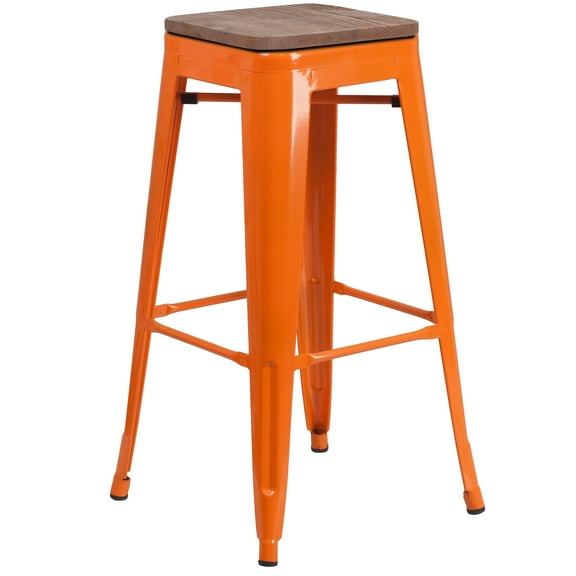 Flash Furniture Lily 30" High Backless Orange Metal Barstool with Square Wood Seat