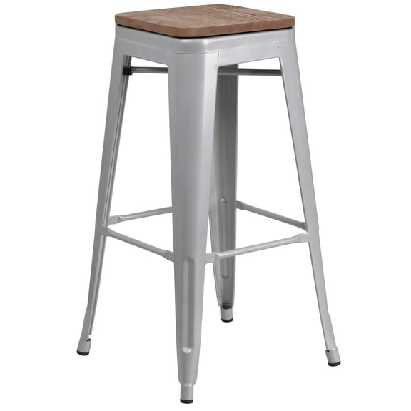 Flash Furniture Lily 30" High Backless Silver Metal Barstool with Square Wood Seat