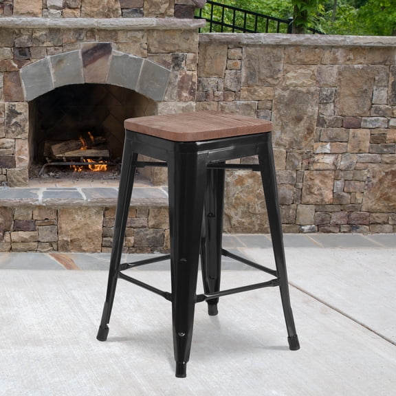 Flash Furniture Lily 4 Pack 24" High Backless Black Metal Counter Height Stool with Square Wood Seat