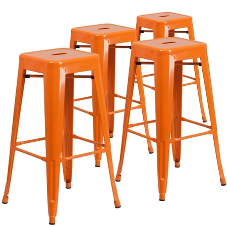Flash Furniture Lily 4 Pack Commercial Grade 30" High Backless Orange Metal Indoor-Outdoor Barstool with Square Seat