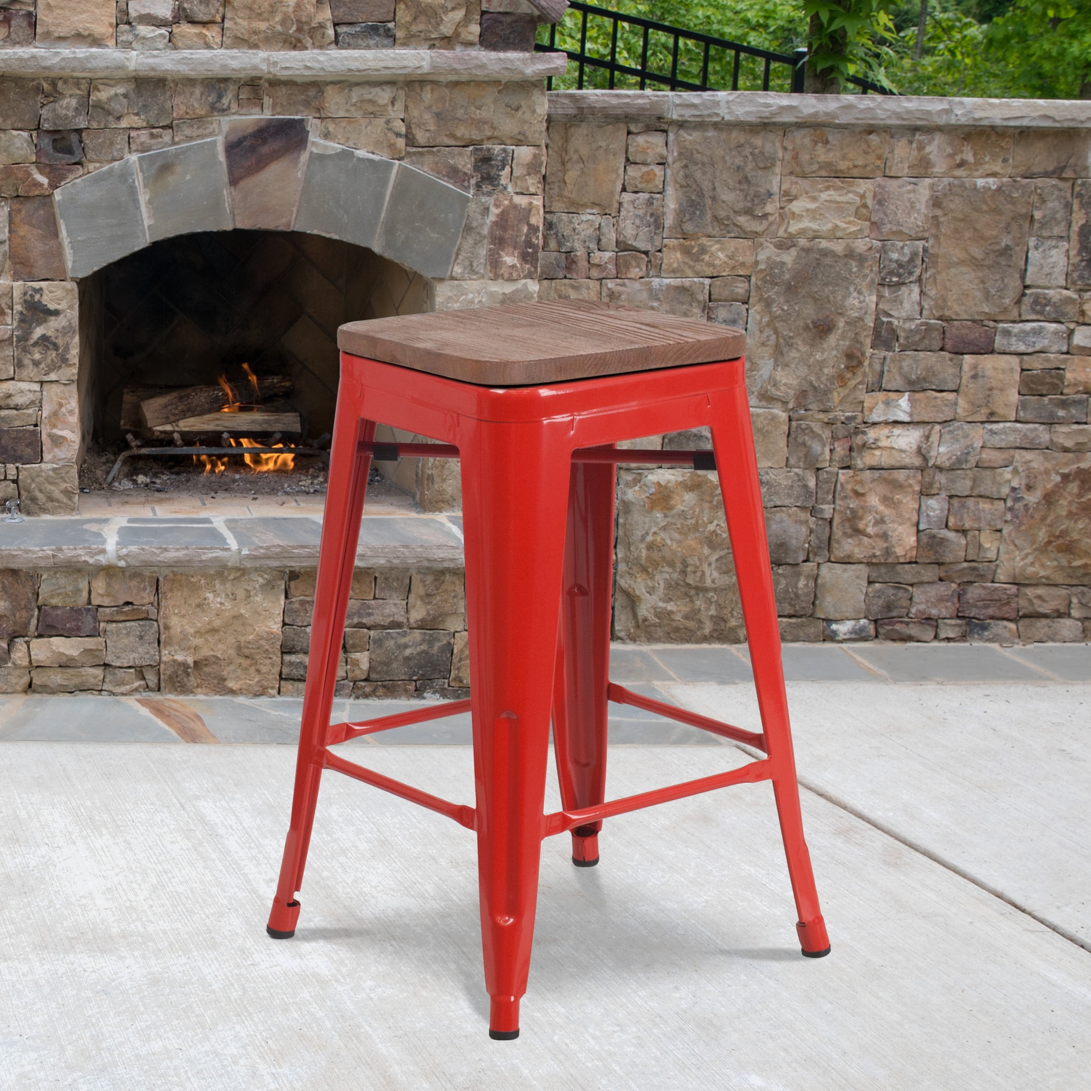 Flash Furniture Lily 4 Pk. 24" High Backless Red Metal Counter Height Stool with Square Wood Seat