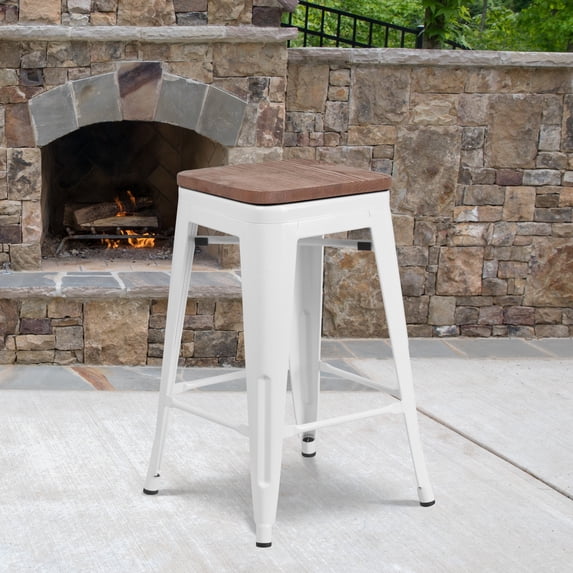 Flash Furniture Lily 4 Pk. 24" High Backless White Metal Counter Height Stool with Square Wood Seat