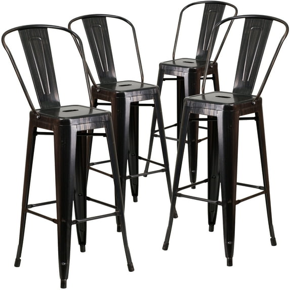 Flash Furniture Lily Commercial Grade 4 Pack 30" High Black-Antique Gold Metal Indoor-Outdoor Barstool with Removable Back