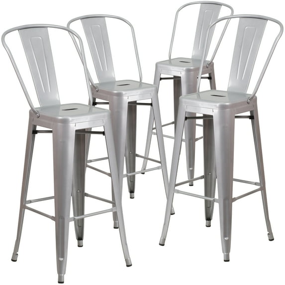 Flash Furniture Lily Commercial Grade 4 Pack 30" High Silver Metal Indoor-Outdoor Barstool with Removable Back
