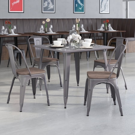 Flash Furniture 4 Pack Silver Antique Finish with Clear Coat Metal Stackable Chair with Wood Seat