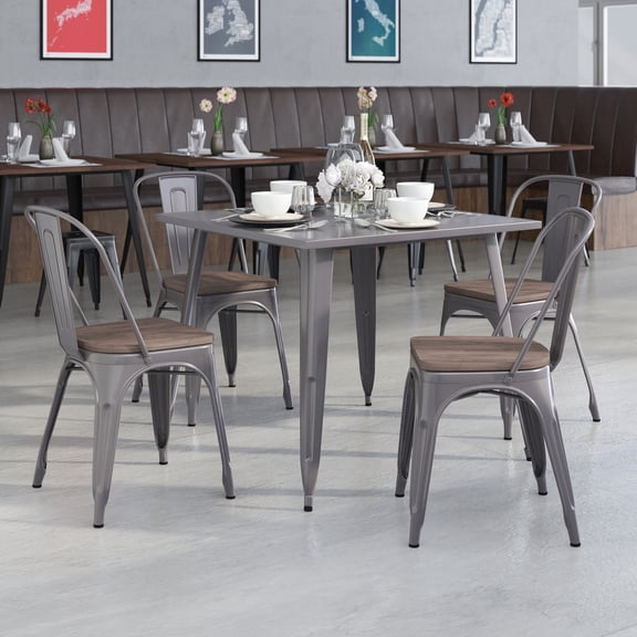 Flash Furniture 4 Pack Silver Antique Finish with Clear Coat Metal Stackable Chair with Wood Seat