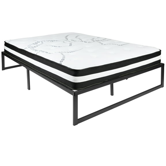 Flash Furniture Louis 14 Inch Metal Platform Bed Frame with 10 Inch Pocket Spring Mattress in a Box (No Box Spring Required) - Full