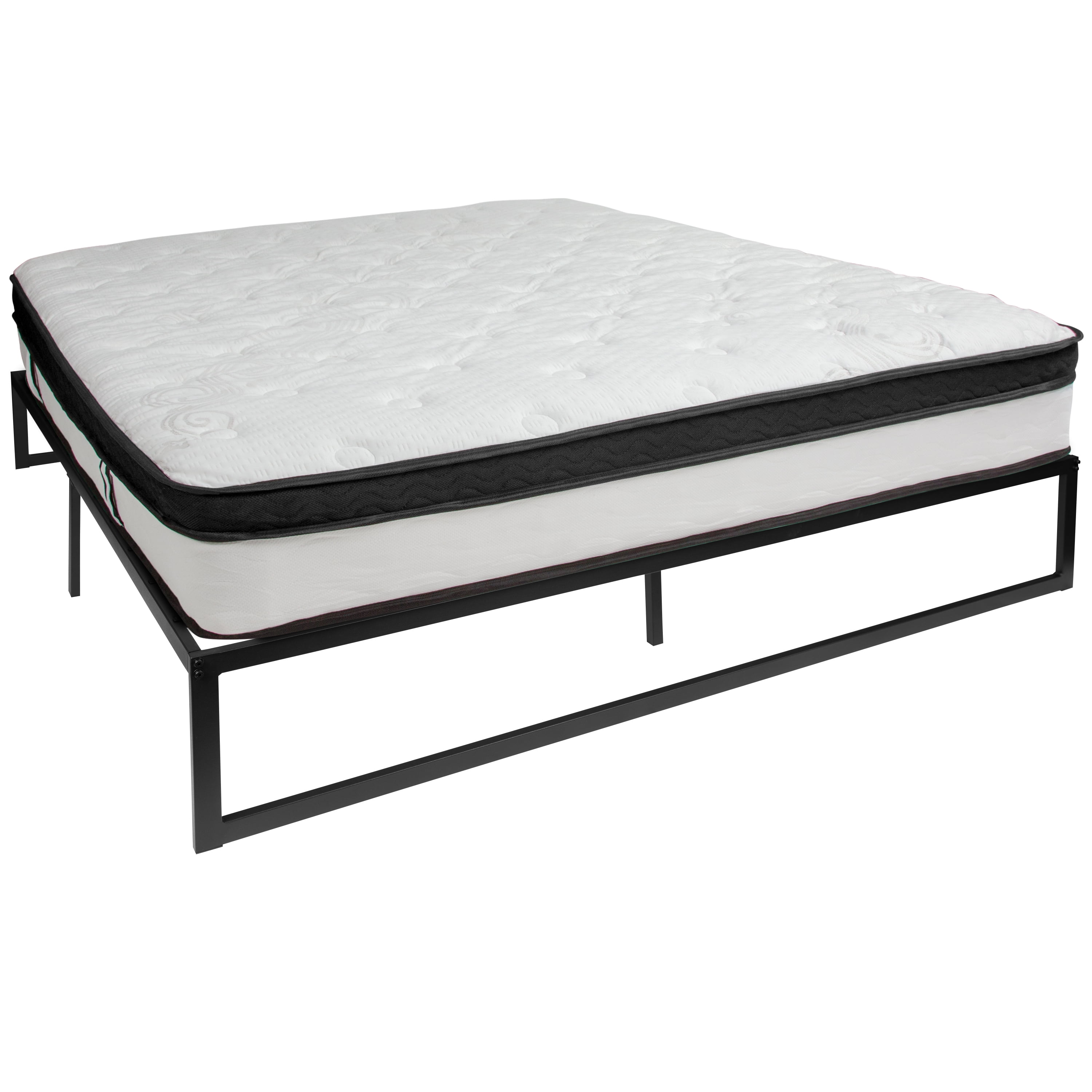 King Black Metal Platform Bed Frame with Memory Foam Mattress