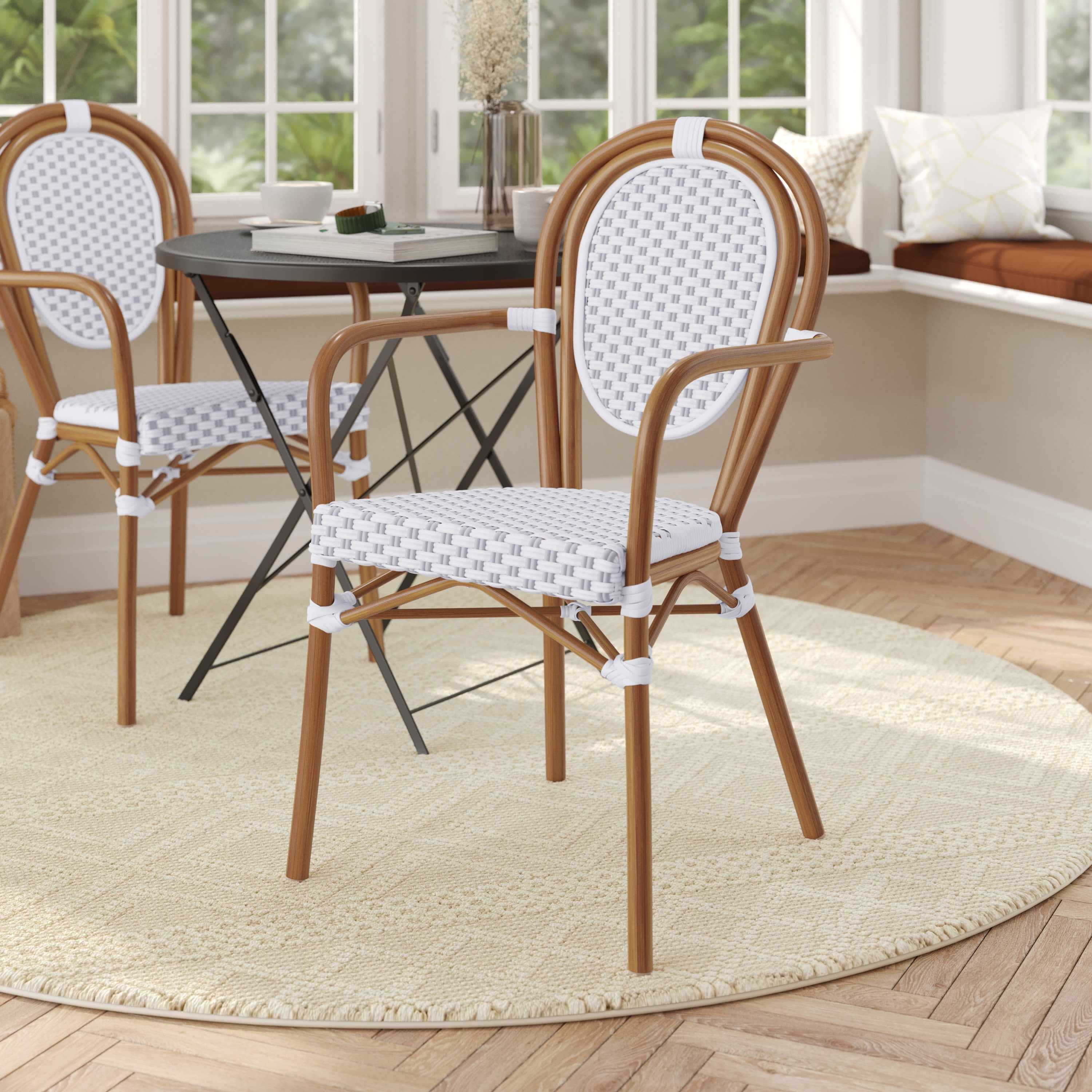 White and Gray Wicker Rattan Dining Chair with Cushions and Brown Frame