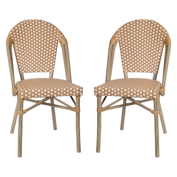 Flash Furniture Lourdes Set of 2 Indoor/Outdoor Commercial Bistro Stack Chairs, Natural/White PE Rattan Back & Seat, Bamboo Print Light Natural Aluminum Frame