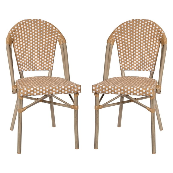 Flash Furniture Lourdes Set of 2 Indoor/Outdoor Commercial Bistro Stack Chairs, Natural/White PE Rattan Back & Seat, Bamboo Print Light Natural Aluminum Frame
