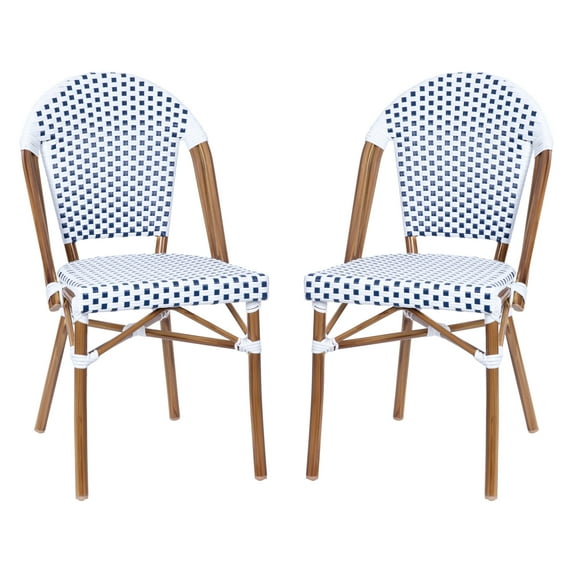 Flash Furniture Lourdes Set of 2 Indoor/Outdoor Commercial Bistro Stacking Chair, White/Gray PE Rattan Back and Seat, Bamboo Print Aluminum Frame in Natural