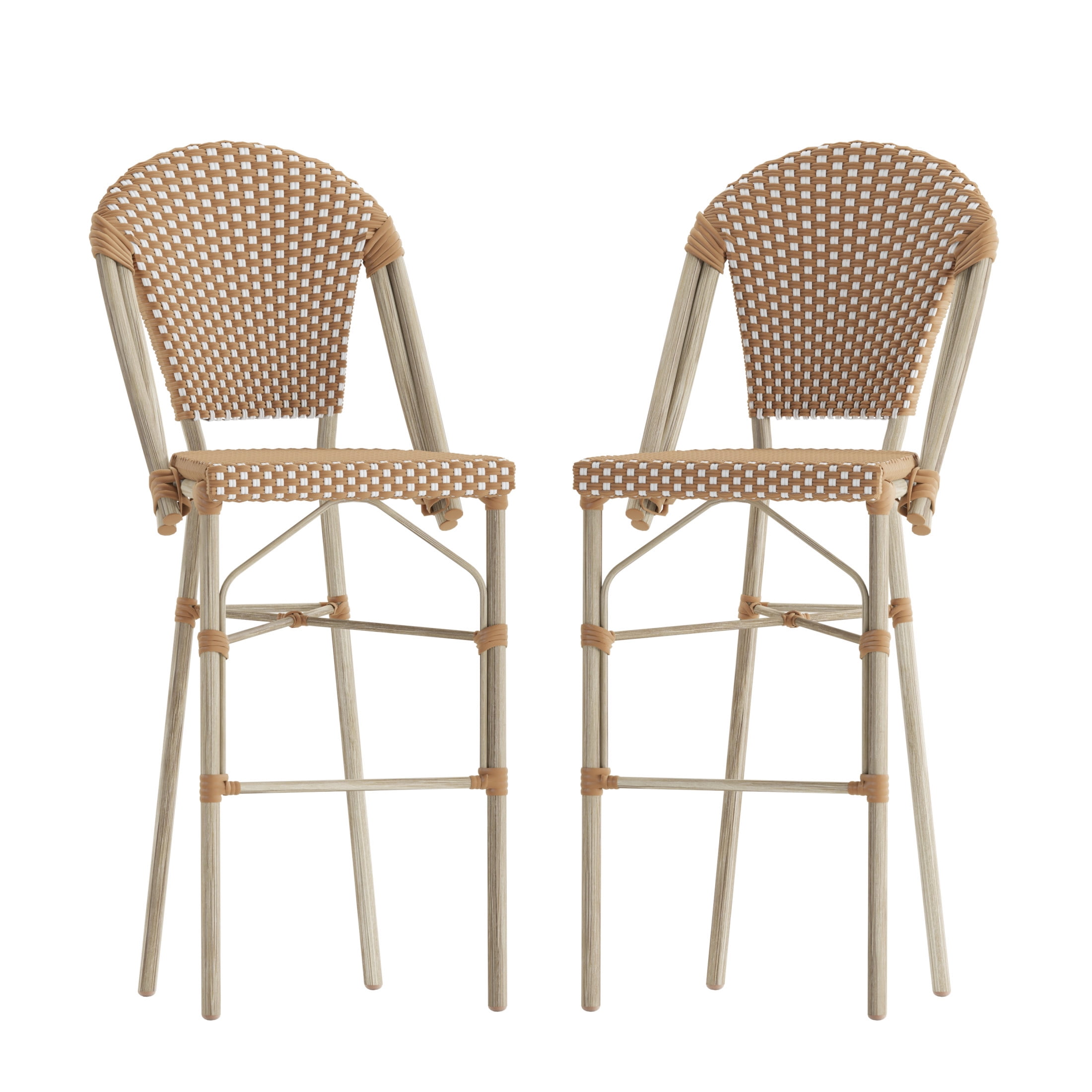 Natural and White Rattan Bistro Bar Stools with Bamboo Finish
